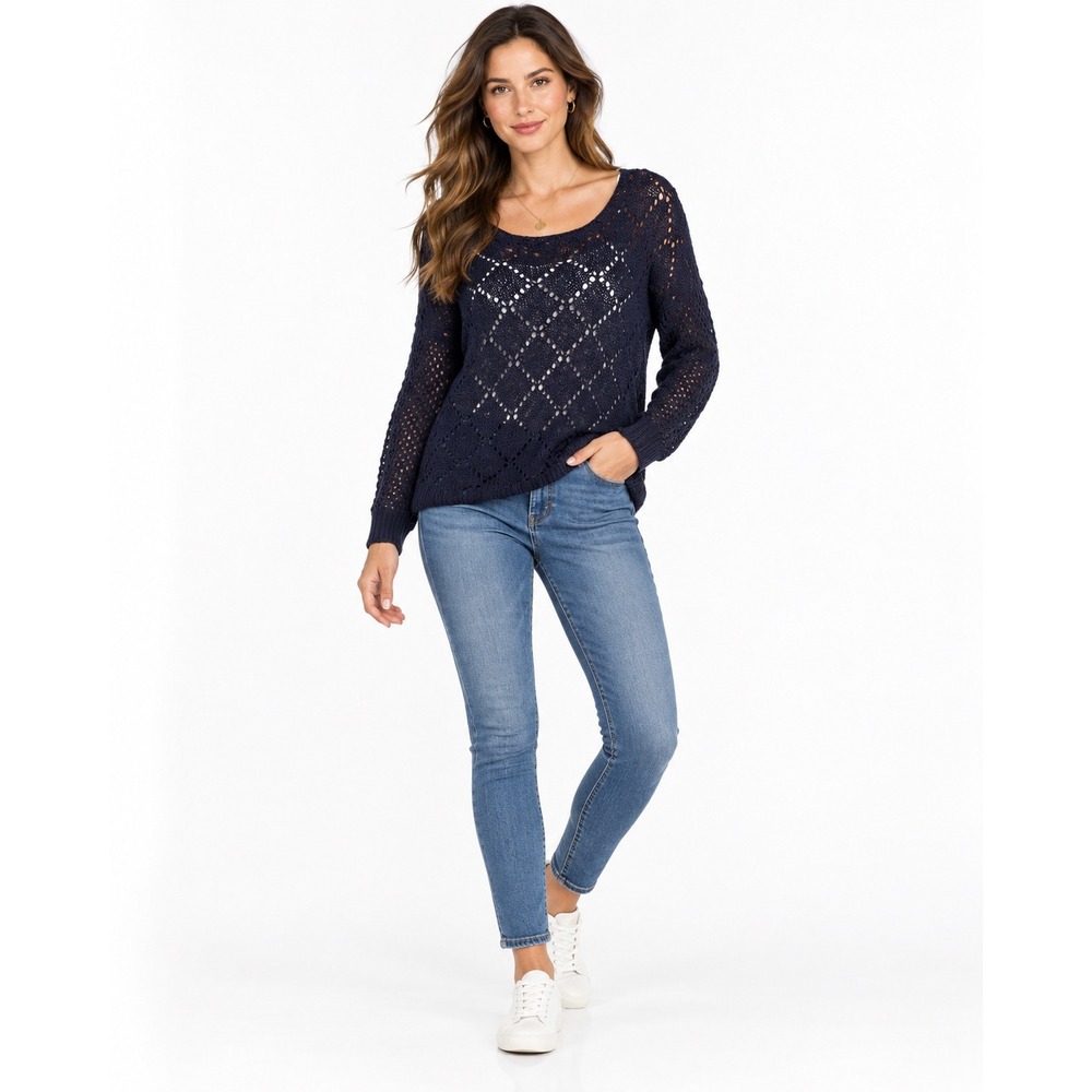 Coldwater Creek Navy Blue Linen Blend Open Knit Pointelle Sweater Large 14